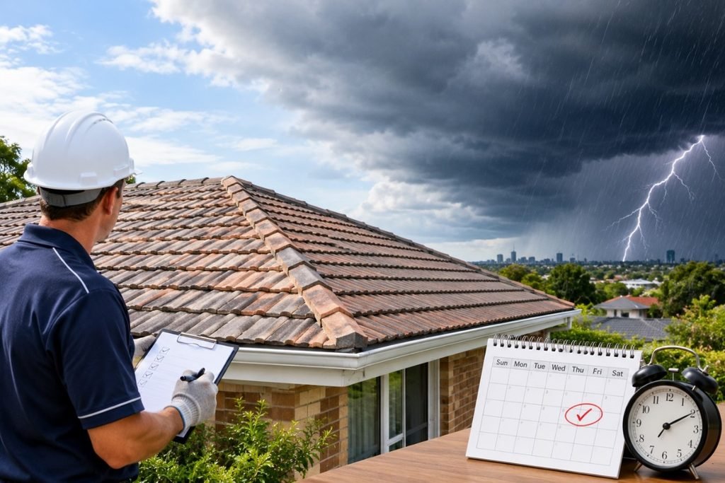 Roof inspection before Brisbane storm season with storm clouds approaching